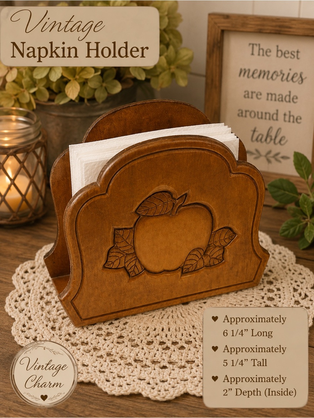 Source Unknown Brown Vintage Apple Carved Wooden Napkin Holder